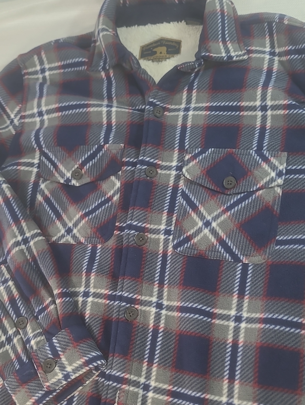 Freedom Foundry Men's Navy and Red Plaid Sherpa-Lined Shirt Jacket Size M